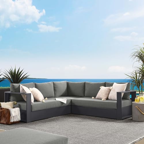 Modway Tahoe Aluminum 3-Piece Outdoor Patio Furniture Gray Charcoal, Modular Sectional Sofa Set with Weather-Resistant Cushions, Ideal for Deck, Backyard Poolside