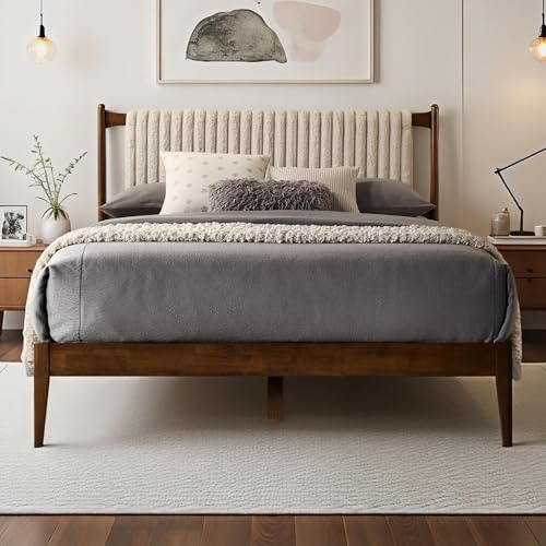 Omax Decor Ella Wooden Platform Bed | Box Spring Not Required | Walnut and Beige, Queen