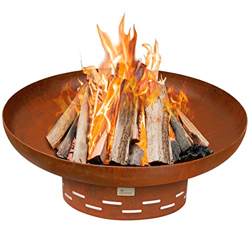 KOL 35" Dia. Heavy-Duty Fire Pit - Pre-Rusted Corten Steel Round Firepit Large Fire Bowl with Stand - Weathering Steel Wood Burning Fireplaces for Outside Backyard Deck Party Bonfire