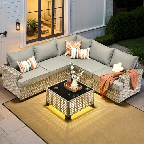 HOOOWOOO Outdoor Sectional Patio Furniture Set,6 Pieces Wicker Conversation Sets L Shaped Couch,Extra Deep Out Door Sofa Outside Furniture,Charcoal Grey