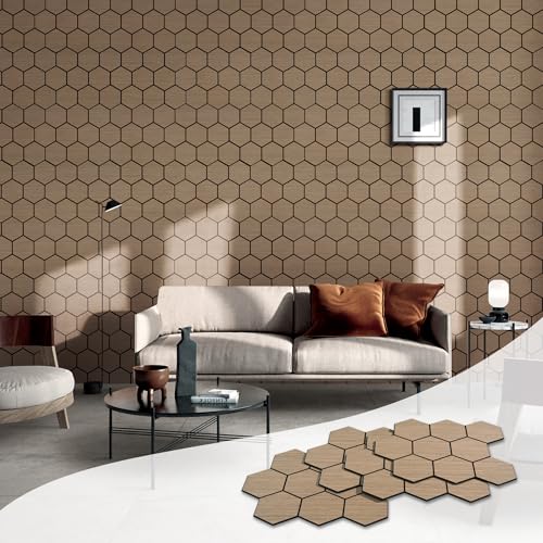 Kieacia 2 Pieces Acoustic Hexagon Wall Panels for Interior Decor, Natural Walnut Wood Veneer, Sonud Proof Wooden Slat Wainscoting Panels, 23.6 ร 23.6 inch